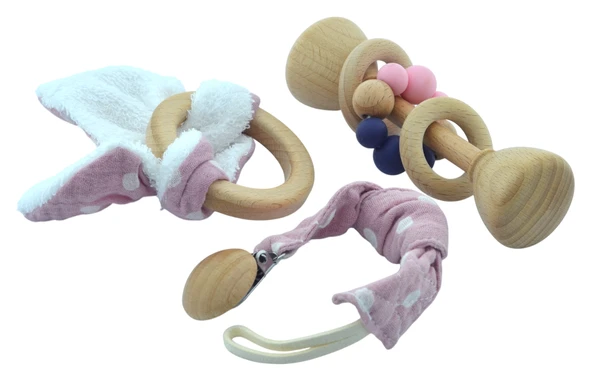 Ahşap Bebek Diş Çıkarma Oyuncağı 0-3 Yaş Bebek Hediye Seti Pembe Kutusuz