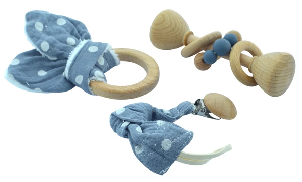 Ahşap Bebek Diş Çıkarma Oyuncağı 0-3 Yaş Bebek Hediye Seti Gri Kutusuz - 2