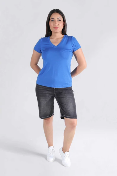 Tolga Saraçoğlu Kadın V Yaka Kısa Kol Minimalist T-Shirt - 9