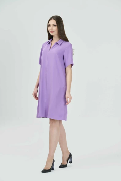 Tolga Saraçoğlu Minimalist Kısa Kol Fermuarlı Midi Elbise - Günlük Şıklık - Resim 3