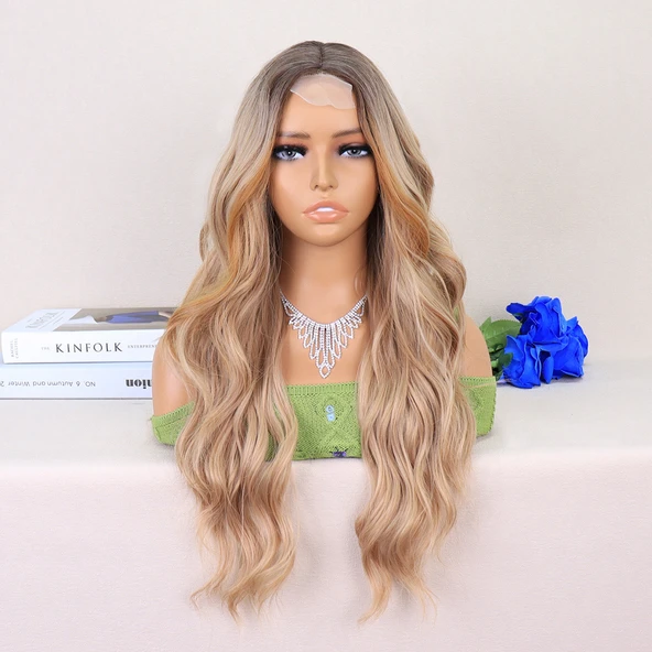 Koyu Kumral Dore Sarı Ombreli Perçemler Bakır Işıltılı Tül Peruk ürün görseli