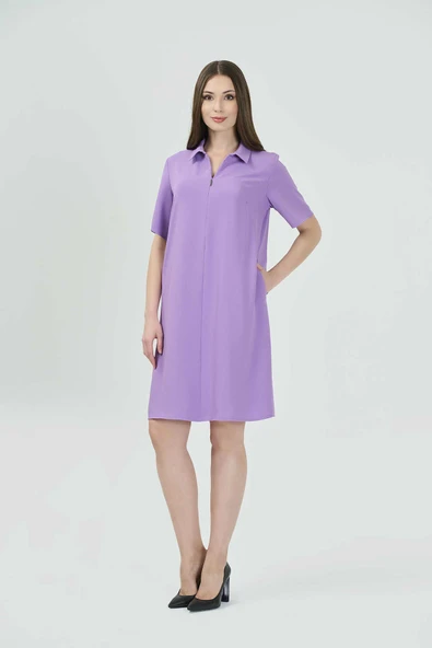 Tolga Saraçoğlu Minimalist Kısa Kol Fermuarlı Midi Elbise - Günlük Şıklık ürün görseli 1