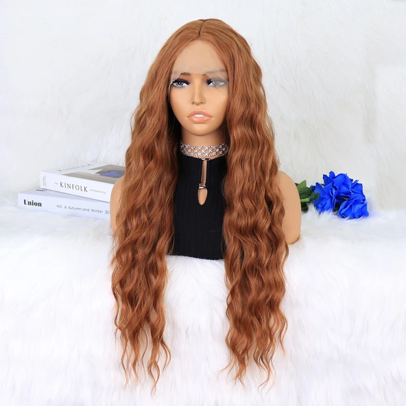 Koyu Bakır Su Dalgalı Fiber Sentetik Tül Peruk - Resim 3