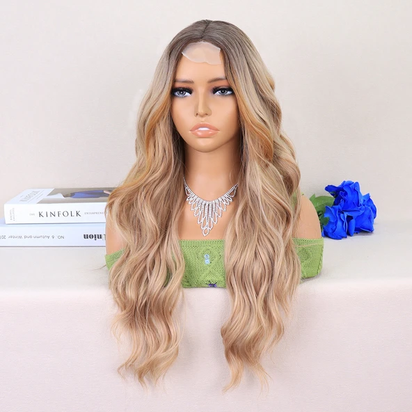 Koyu Kumral Dore Sarı Ombreli Perçemler Bakır Işıltılı Tül Peruk - Resim 3