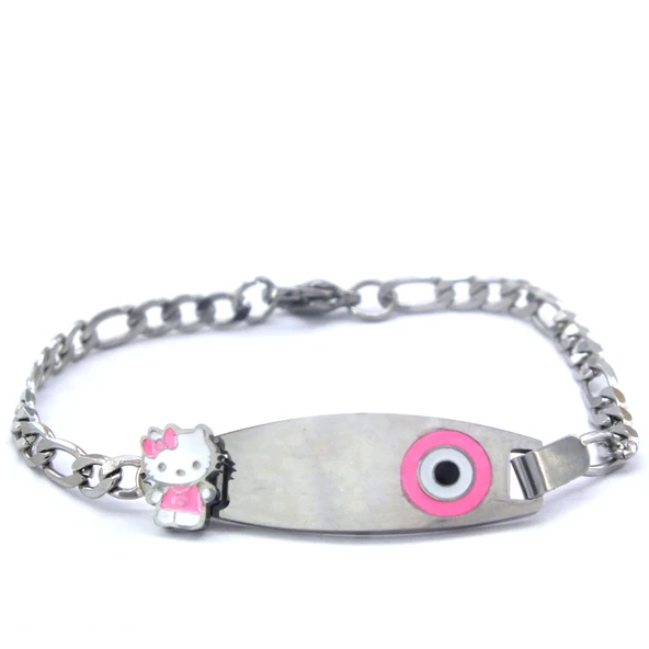 316L Çelik Pembe Nazar Boncuklu Hello Kitty Çocuk Bileklik BLK-961 - Resim 2