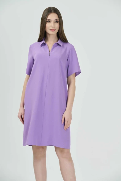 Tolga Saraçoğlu Minimalist Kısa Kol Fermuarlı Midi Elbise - Günlük Şıklık - Resim 2