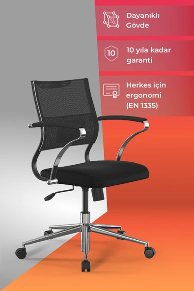Ergolife Sit Air Ofis Koltuğu | Krom Ayaklı, Yükseklik Ayarlı, Fileli, Bilgisayar Sandalyesi -572.5F.1.2A2