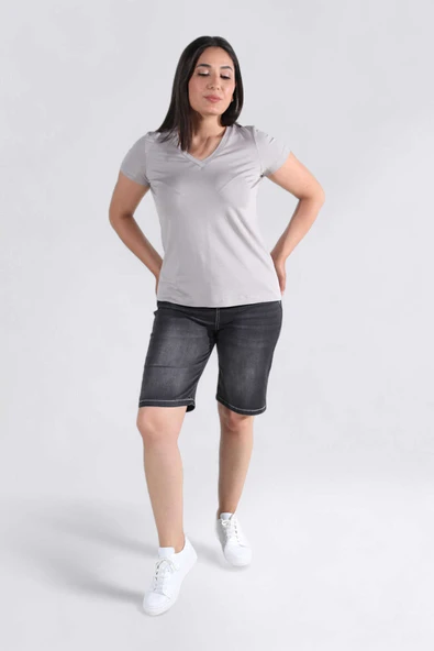 Tolga Saraçoğlu Kadın V Yaka Kısa Kol Minimalist T-Shirt - 4