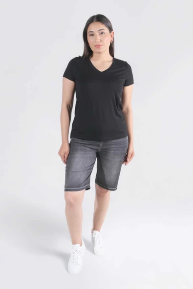 Tolga Saraçoğlu Kadın V Yaka Kısa Kol Minimalist T-Shirt - 12