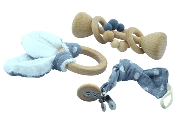 Ahşap Bebek Diş Çıkarma Oyuncağı 0-3 Yaş Bebek Hediye Seti Gri Kutusuz