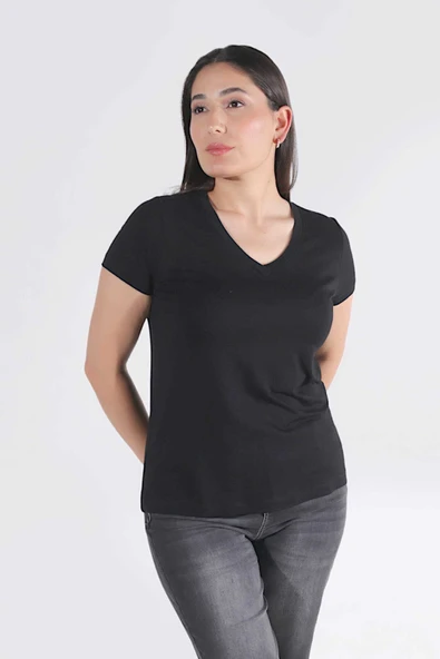 Tolga Saraçoğlu Kadın V Yaka Kısa Kol Minimalist T-Shirt - 11