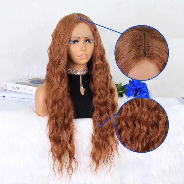 Koyu Bakır Su Dalgalı Fiber Sentetik Tül Peruk - Resim 4