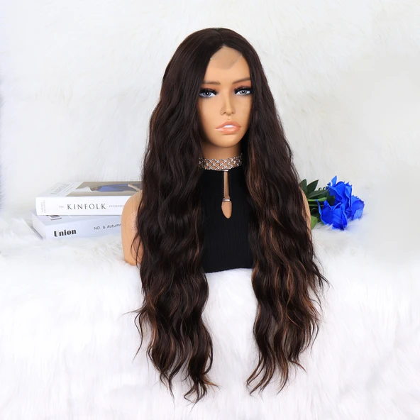 Kahverengi Karamel Işıltılı Su Dalgalı Fiber Sentetik Tül Peruk - Resim 2