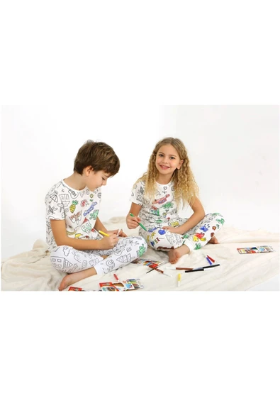 Kısa Kollu + Özel Kalem BOYANABİLİR Kız Erkek Çocuk Pijama Takım - 3