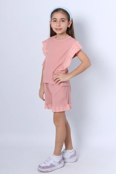 KIZ ÇOCUK ŞORTLU TAKIM DANTEL DETAYLI DÜZ RENK FIRFIRLI F24 - Resim 7