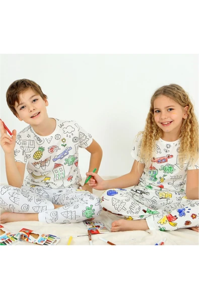 Kısa Kollu + Özel Kalem BOYANABİLİR Kız Erkek Çocuk Pijama Takım