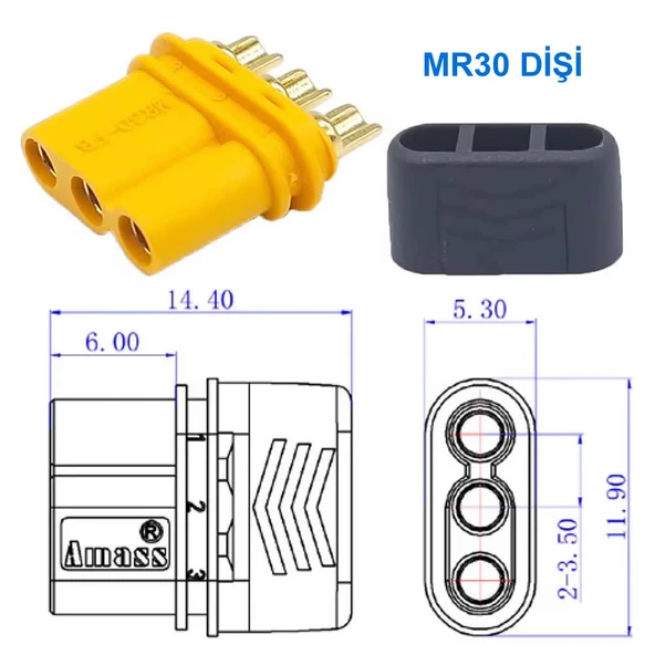 MR30 Dişi Erkek Konnektör Soket Çift  3 Pin LiPo Pil Batarya Bağlantı Konnektörü 30A Yüksek Akım RC Multikopter Uçak Helikopter Esc - Resim 8
