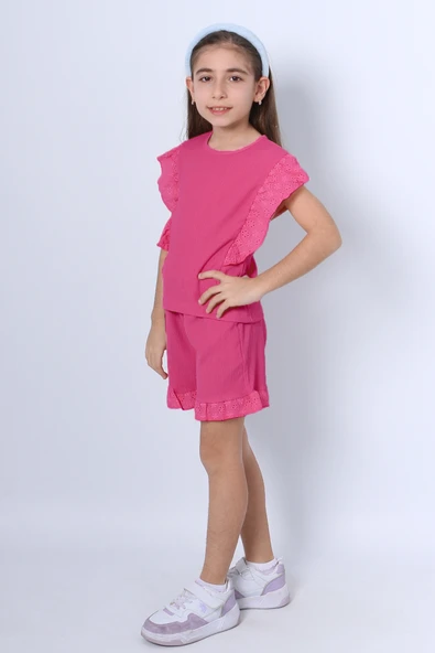 KIZ ÇOCUK ŞORTLU TAKIM DANTEL DETAYLI DÜZ RENK FIRFIRLI F24 ürün görseli