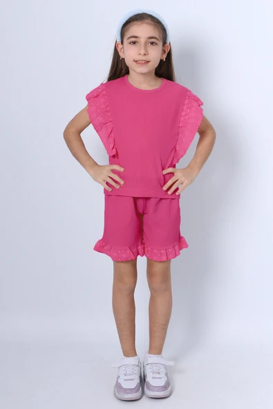 KIZ ÇOCUK ŞORTLU TAKIM DANTEL DETAYLI DÜZ RENK FIRFIRLI F24 - Resim 3