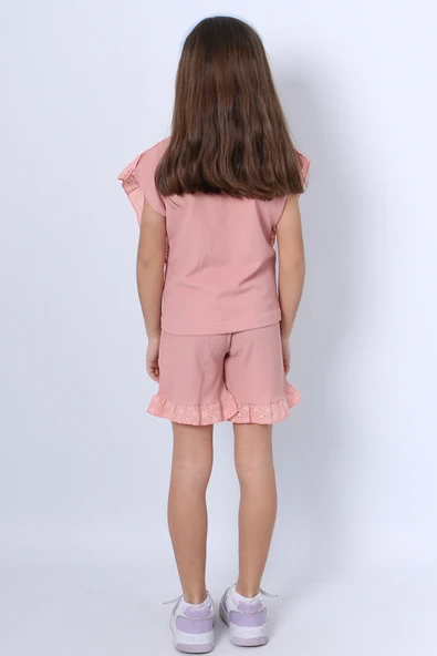 KIZ ÇOCUK ŞORTLU TAKIM DANTEL DETAYLI DÜZ RENK FIRFIRLI F24 - Resim 8