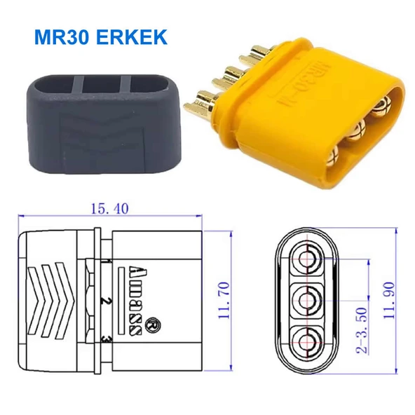 MR30 Dişi Erkek Konnektör Soket Çift  3 Pin LiPo Pil Batarya Bağlantı Konnektörü 30A Yüksek Akım RC Multikopter Uçak Helikopter Esc - Resim 7