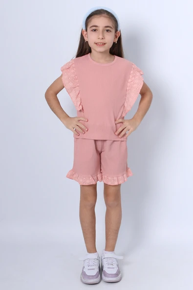 KIZ ÇOCUK ŞORTLU TAKIM DANTEL DETAYLI DÜZ RENK FIRFIRLI F24 - Resim 4