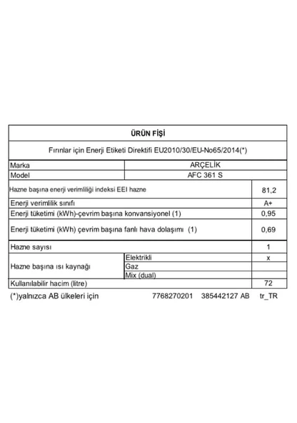 Arçelik AFC 361 S Fibona Serisi A Fry 72 L Ankastre Fırın - 6