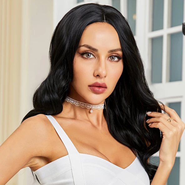 Siyah Geniş Dalgalı Fiber Sentetik Tül Peruk - Resim 5