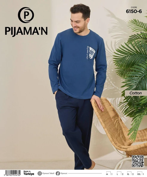 Pijamoni Erkek Pamuklu Bisiklet Yaka Uzun Kol İnce Pijama Takımı 6150/6 - 1 Adet  L Mavi - 2