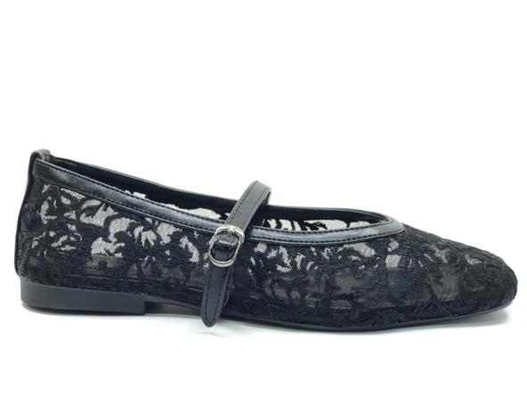 Feles Dantel Detaylı Küt Burun Kadın Babet Ayakkabı - Resim 4