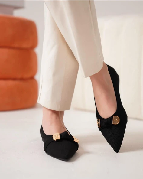 Feles Triko Fiyonk Detaylı Sivri Burun Kadın Babet Ayakkabı - Resim 3