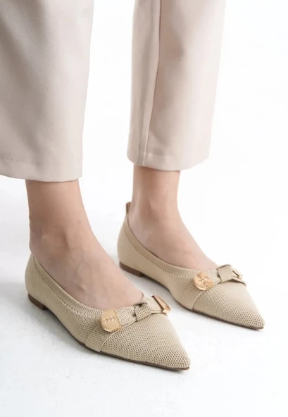 Feles Triko Fiyonk Detaylı Sivri Burun Kadın Babet Ayakkabı - Resim 4