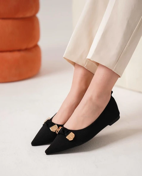 Feles Triko Fiyonk Detaylı Sivri Burun Kadın Babet Ayakkabı ürün görseli