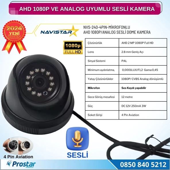 Mikrofonlu AHD 1080P ve Analog Pal Çevrilebilir 4 Pin Plastik Mini Dome Araç Kamerası - 3