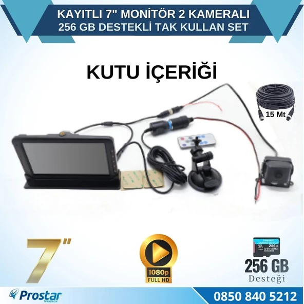 Kayıtlı 7 inç Monitör 2 Kameralı Dashcam 256 GB Destekli 15 Metre Kablolu Pratik Set - 5