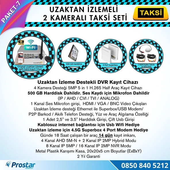 Taksi Kamera Seti 7 Uzaktan Izlemeli 2 Kameralı Wifi 4G 500 Gb Harddisk Dahil - 2