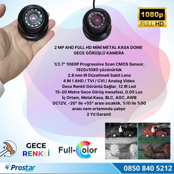 Araçlar Için Mini Metal Dome 2 Mp Full Hd Gece Renkli Görüşlü Kamera Geniş Açılı - 2
