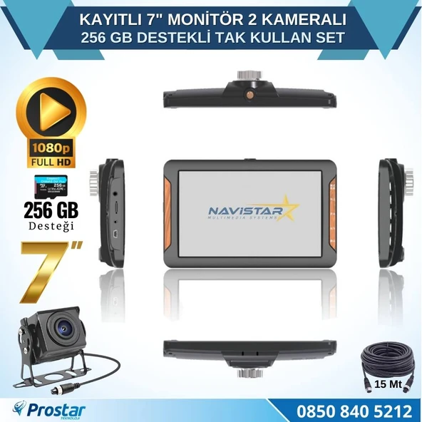 Kayıtlı 7 inç Monitör 2 Kameralı Dashcam 256 GB Destekli 15 Metre Kablolu Pratik Set - 3