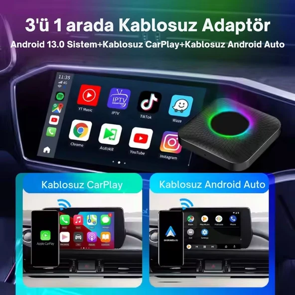 Carlinkit TBox Ambient Android 13, 8+128GB, Google PlayStore, Netflix, YouTube, Kablosuz/Wireless CarPlay & Android Auto SIM Kart Destekli SM6225 Chipset Android Box (IMEI Kayıtlı) - Resim 2