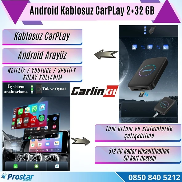 3 in 1 Carlinkit CPC200 Tbox Lite Android 2 GB 32 GB Android Auto Apple Carplay Ai kutusu 512 GB SD kart destekli - 2