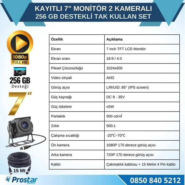 Kayıtlı 7 inç Monitör 2 Kameralı Dashcam 256 GB Destekli 15 Metre Kablolu Pratik Set - 4