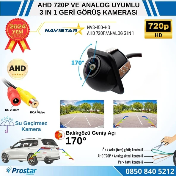 AHD 720P ve Analog Çevrilebilir 170 Derece Balıkgözü Geniş Açılı  Geri Görüş Kamerası - 6