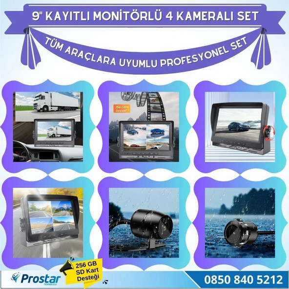 9 Inç Dörde Bölünür Kayıtlı 256Gb Sd Destekli 4 Kameralı 720P Ahd 4 Pin Soketli Tak Kullan Kamera Seti - 3