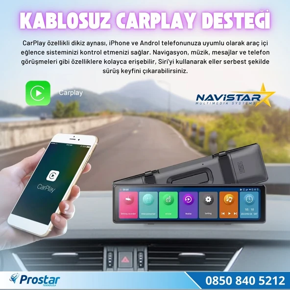 12 inç Kablosuz Carplay 3 Kameralı Dikiz Ayna Wifi, Bluetooth, Fm Transmitter, Sd, Park Modu 1080P - 2