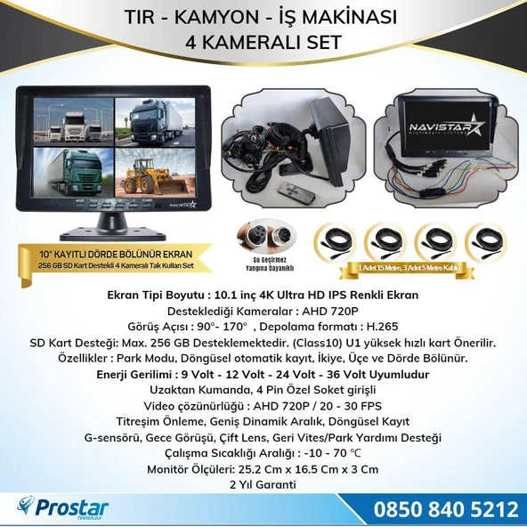 Kayıtlı 10" Dört Kameralı 256 Gb Sd Destekli Ahd Tır Kamyon Ve İş Makinaları Için 12  24 Volt Tak Kullan Kamera Seti - 2