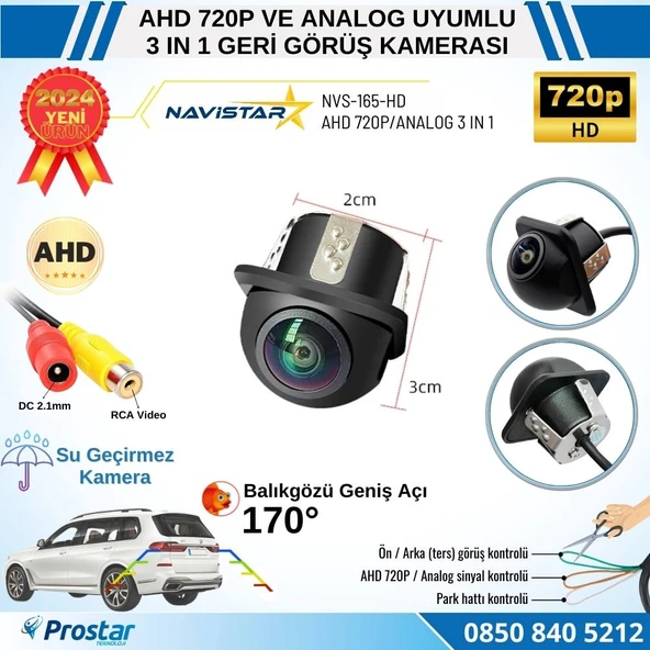 AHD 720P ve Analog Çevrilebilir 170 Derece Balıkgözü Geniş Açılı  Geri Görüş Kamerası - 5