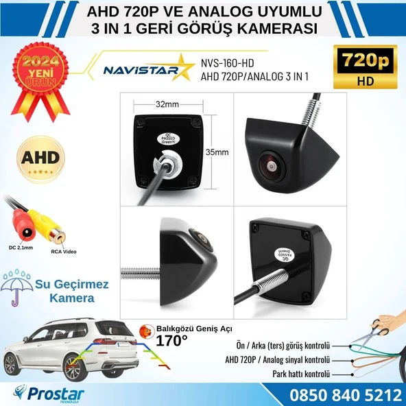 Piramit Balıkgözü AHD 720P ve Analog Çevrilebilir 170 Derece Geniş Açılı Geri Görüş Kamerası - 2