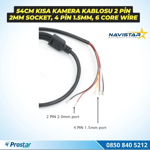 54 cm RCA Kısa Kamera Kablosu 2 pin 2mm socket, 4 pin 1.5mm, 6 core wire