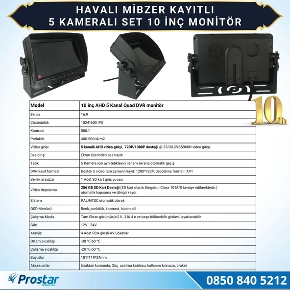 5 Kameralı Mibzer Havalı Tohum Makinesi 10 inç Monitör 720P Beyaz Işıklı AHD Kayıtlı Kamera Seti - 2