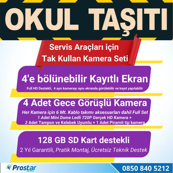 Kayıtlı Servis Okul Taşıtları 4 Lü Kamera 7 Inç Monitör Full Set 256 Gb Sd Kart Desteği + 1 Dome Kamera - 3